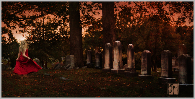 Beautiful Girl Running through a cemetery