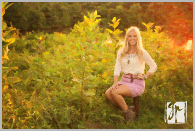 Painted Portrait of lovely blonde high school senior pink skirt brown boots