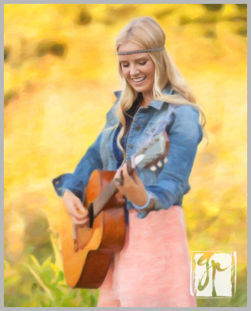 blonde hippi chic senior with guitar painted portrait